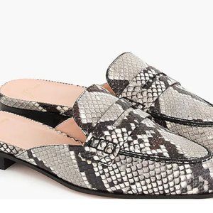 JCrew Academy penny loafer mules in snake-embossed leather